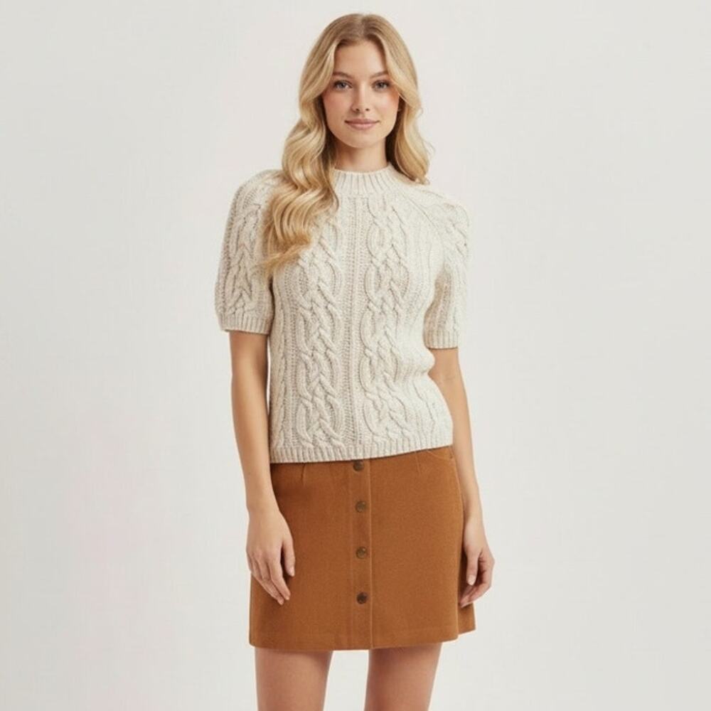 Boutique Cable Knit Puff Sleeve Short Sleeve Sweater Cream Ivory Mock Neck S